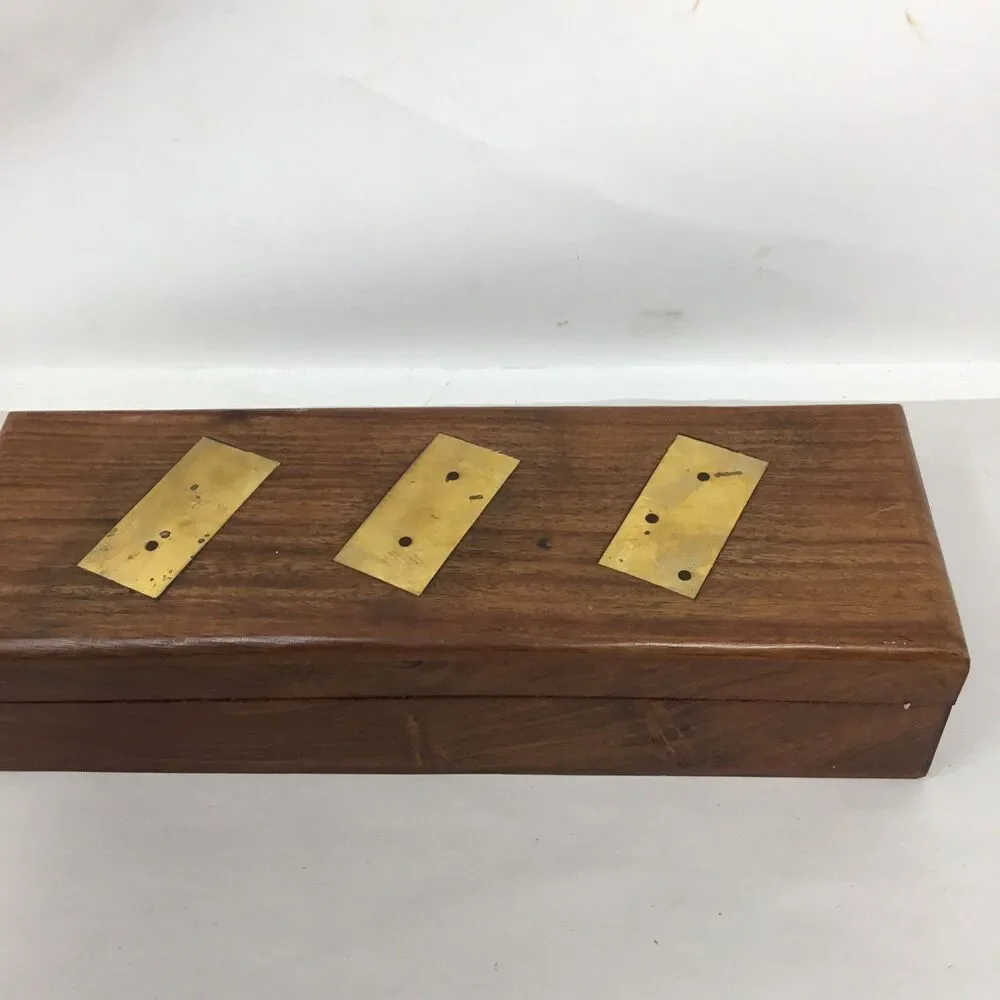 Vintage Wooden Domino Set Storage Box Wood with Brass Inlay Handcrafted 28 Piece